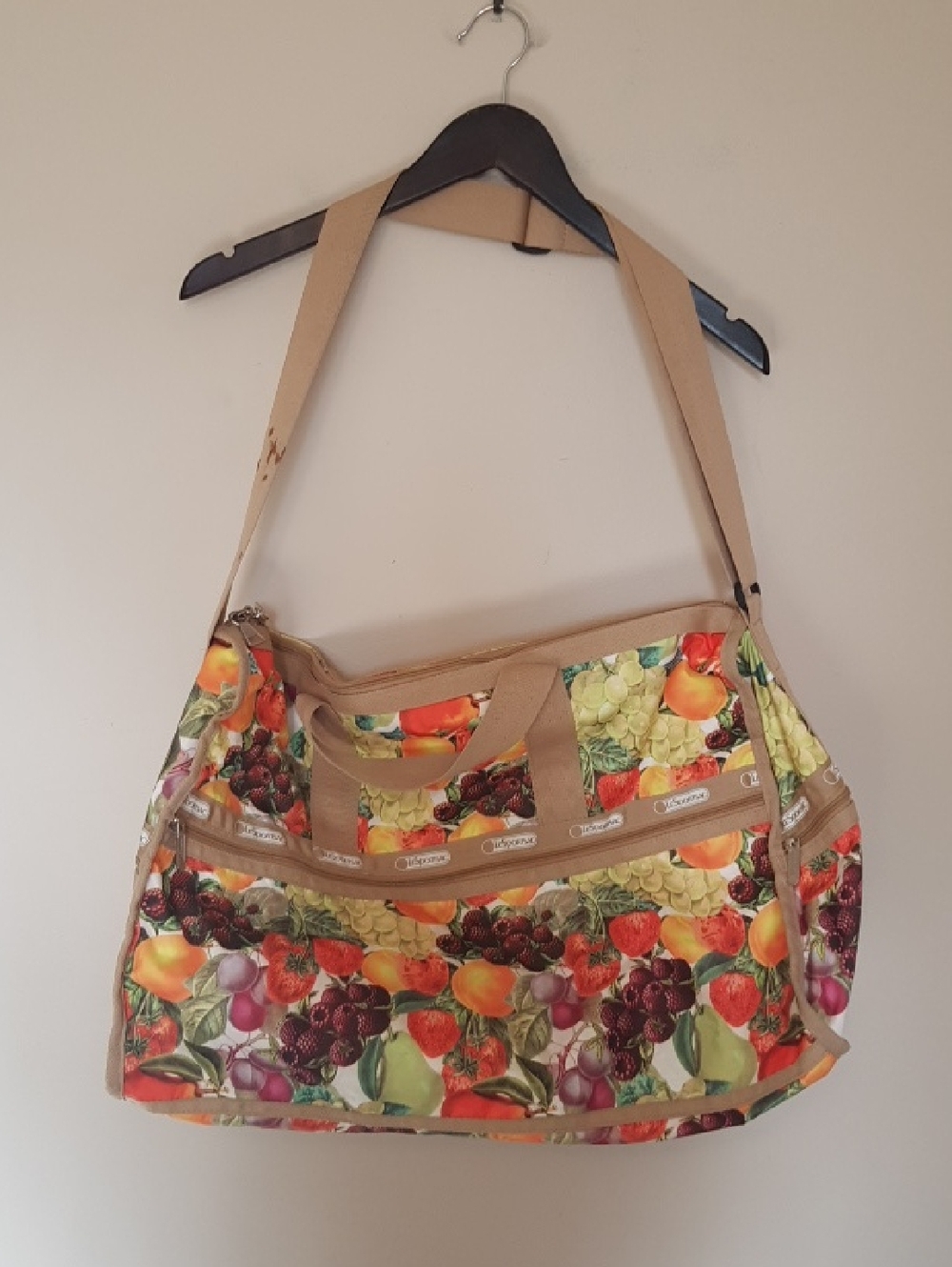 Vintage Rare Lesportsac Fruit-Print Travel Bag - Beige Straps